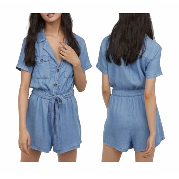 ⭐H&M Denim Blue Shorts Tie Waist Button Up Jumpsuit Size 0 Women's Romper New⭐ - Picture 1 of 6